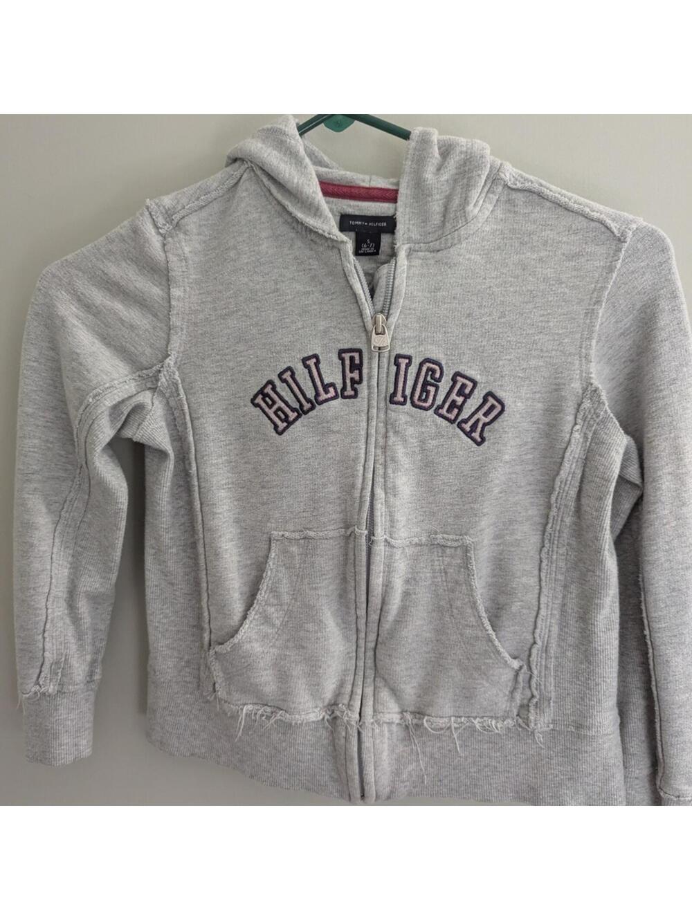 Kids Gray Tommy Hilfiger Hoodie Full Zip Athletic Preppy Neutral Classic
